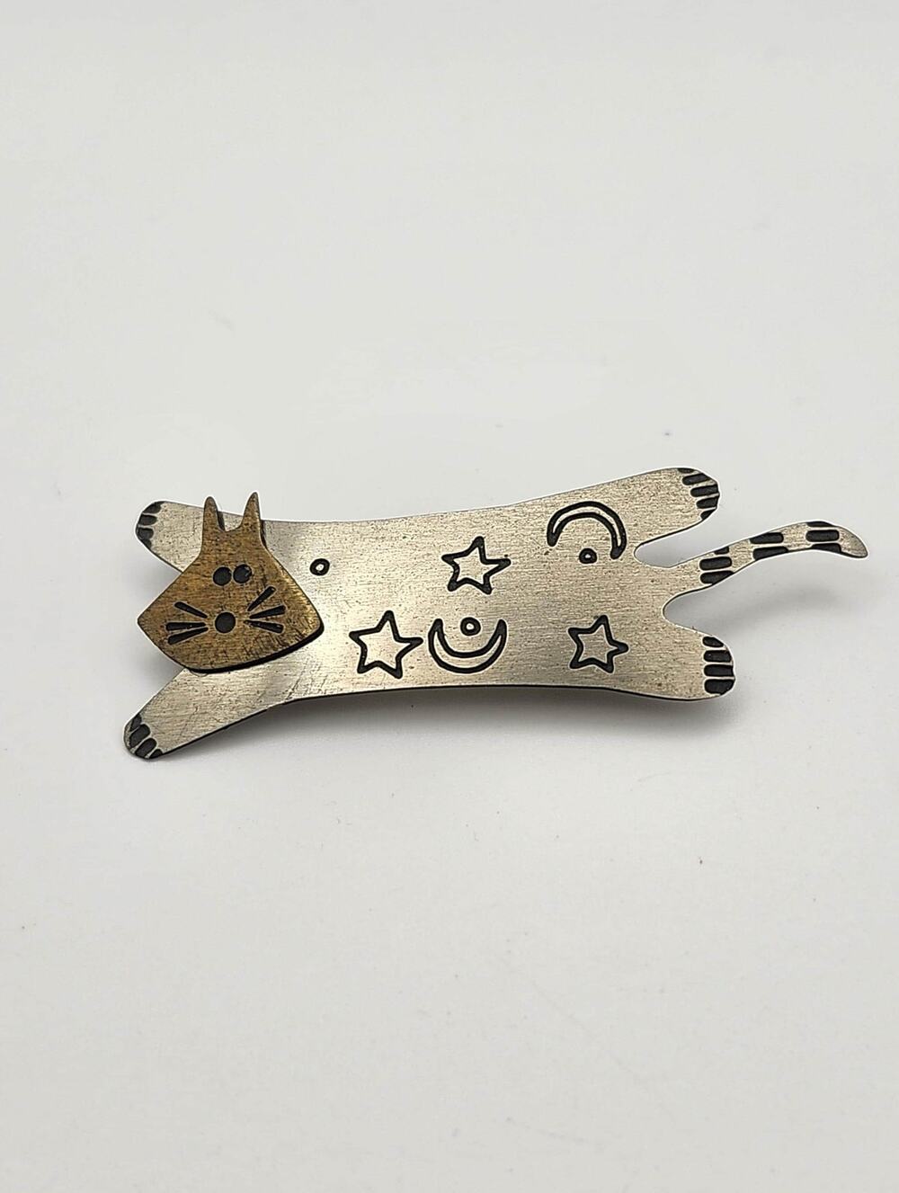Mixed Metal Celestial Cat Brooch Pin Brass Silver Tone Moon Stars Whimsical